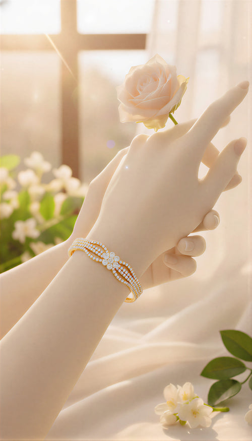Dazzling Gold-Tone Floral Bracelet – Multi-Strand Crystal Studded Cuff