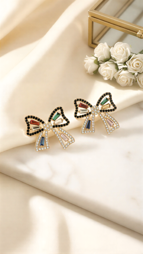 Shimmering Crystal Ribbon Bow Studs – Elegant Feminine Statement Earrings