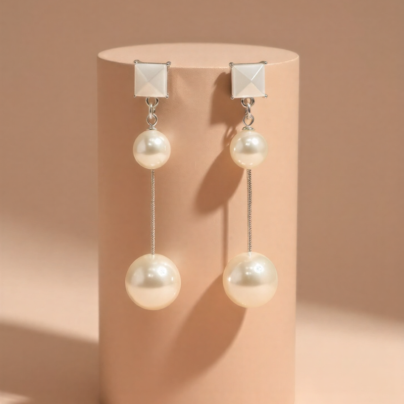 Elegant Dual-Pearl Drop Earrings – High-Shine Geometric Studs