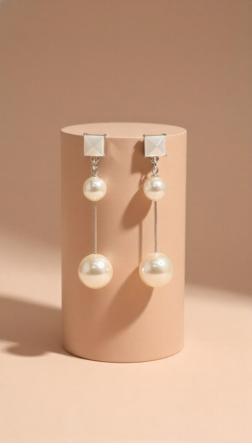 Elegant Dual-Pearl Drop Earrings – High-Shine Geometric Studs