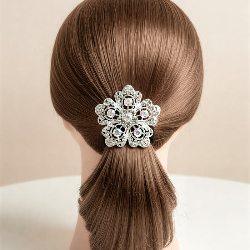 Premium Floral Crystal Pony Holder – Elegant Filigree Elastic Hair Tie .