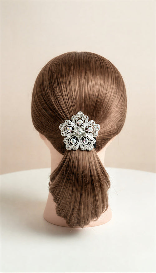 Premium Floral Crystal Pony Holder – Elegant Filigree Elastic Hair Tie .