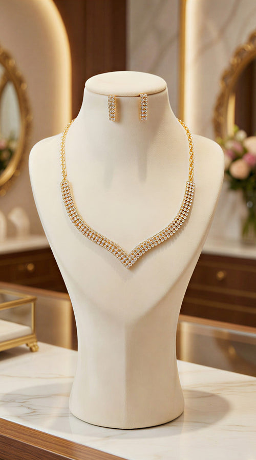 Elegant Multi-Row Crystal Choker Set – Available in Gold & Silver Tone