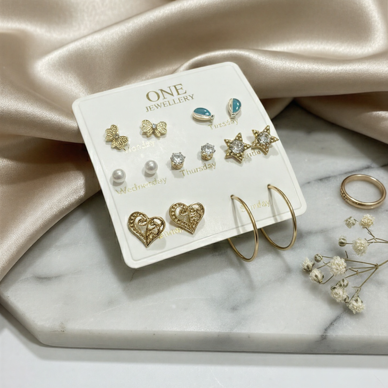 7-Pair "Weekly Charm" Earring Set – Gold-Tone Butterfly & Celestial Theme
