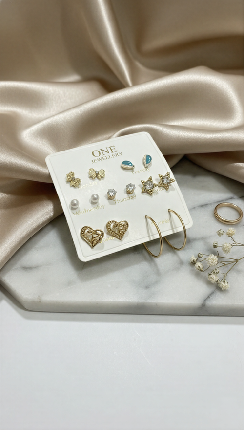 7-Pair "Weekly Charm" Earring Set – Gold-Tone Butterfly & Celestial Theme