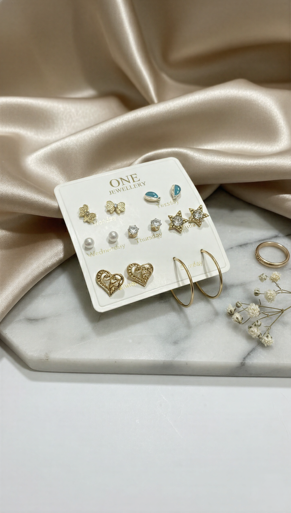 7-Pair "Weekly Charm" Earring Set – Gold-Tone Butterfly & Celestial Theme