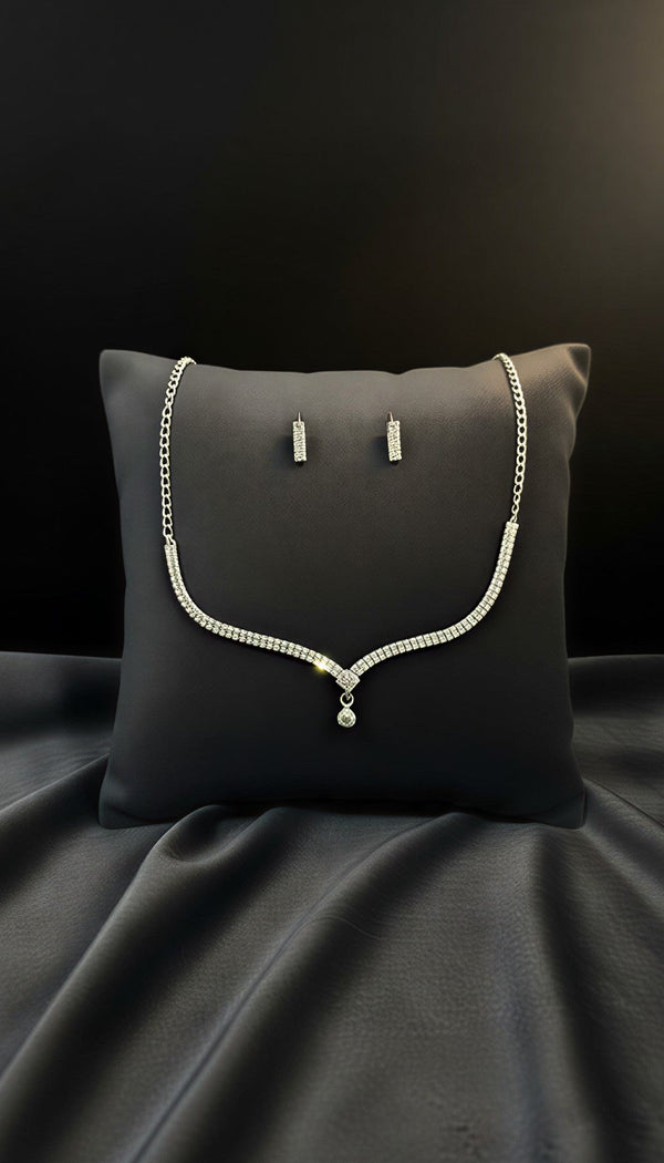 Elegant Silver Crystal Drop V-Necklace & Earring Set