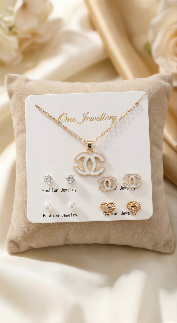 Iconic Enamel Necklace & 4-Pair Earring Set – Gold-Tone Signature Collection