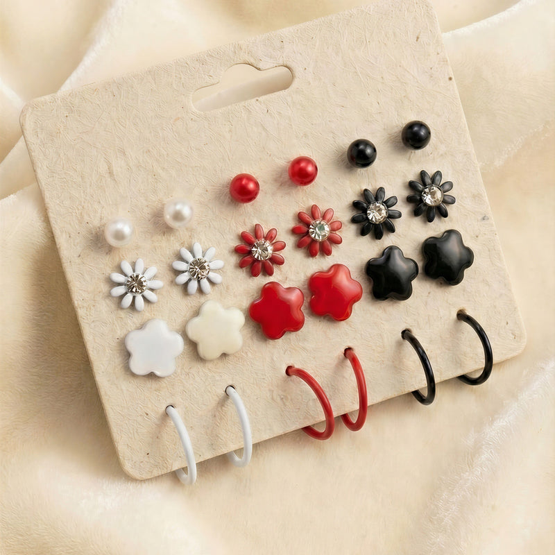 12-Pair Matte Enamel Earring Set – Floral & Hoop Trio (White, Red, Black)