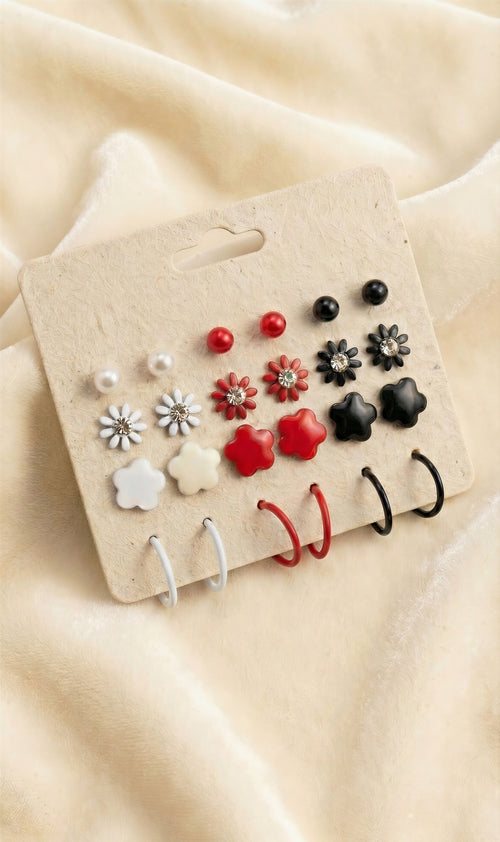 12-Pair Matte Enamel Earring Set – Floral & Hoop Trio (White, Red, Black)
