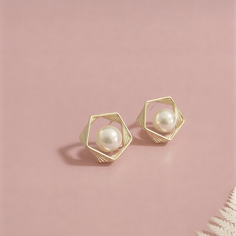 Luxe Hexagonal Pearl Cage Studs – Modern Architectural Statement Earrings