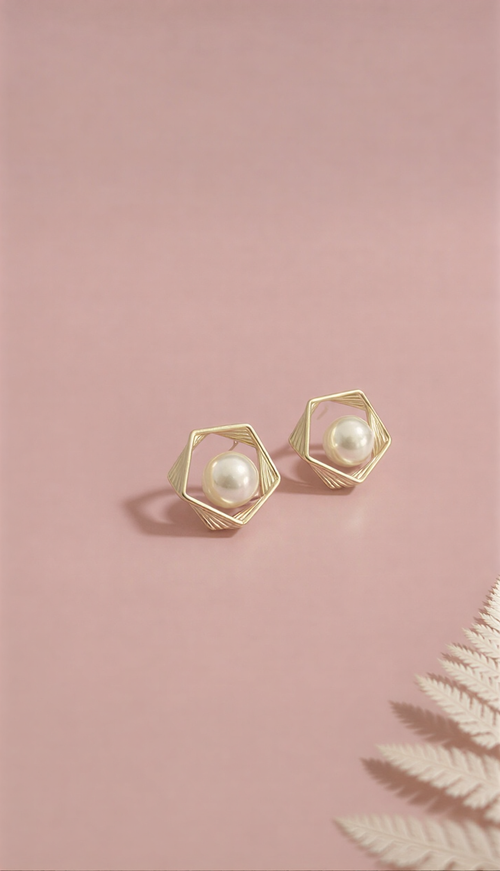 Luxe Hexagonal Pearl Cage Studs – Modern Architectural Statement Earrings