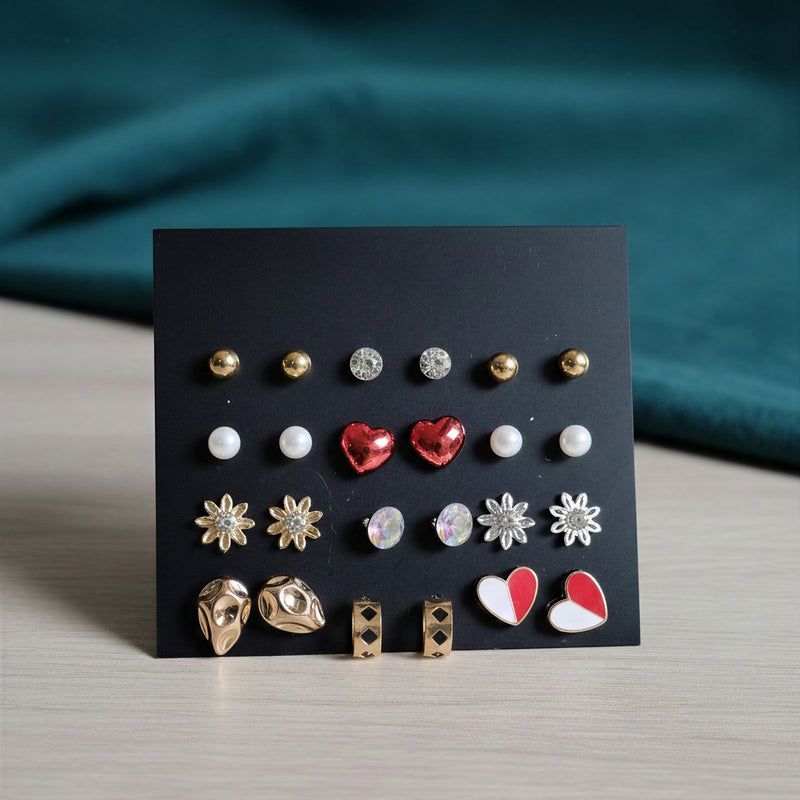 12-Pair Romantic Hearts & Floral Earring Set – Gold & Silver Tone Mix