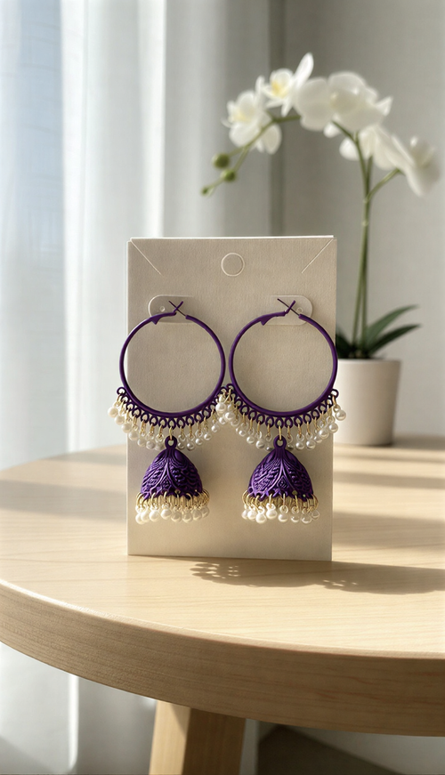 Midnight Mystique Filigree Jhumka Hoops – Contemporary Gold-Trimmed Statement Jewelry