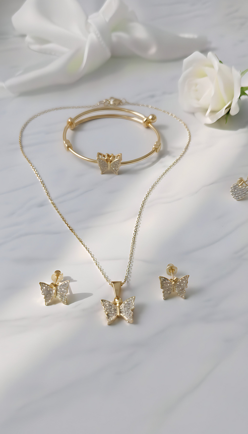 Crystal Butterfly Necklace, Earrings & Bangle Set